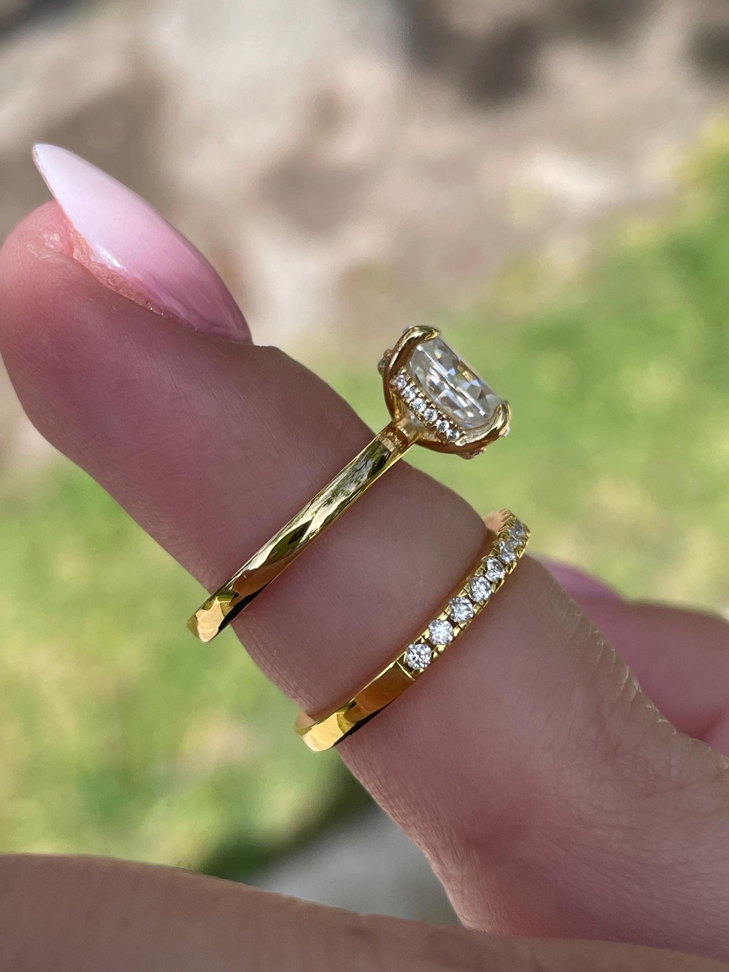 Moissanite engagement ring set. Sterling Silver, gold vermeil set with 2CT oval cut moissanite solitaire ring and half eternity wedding band