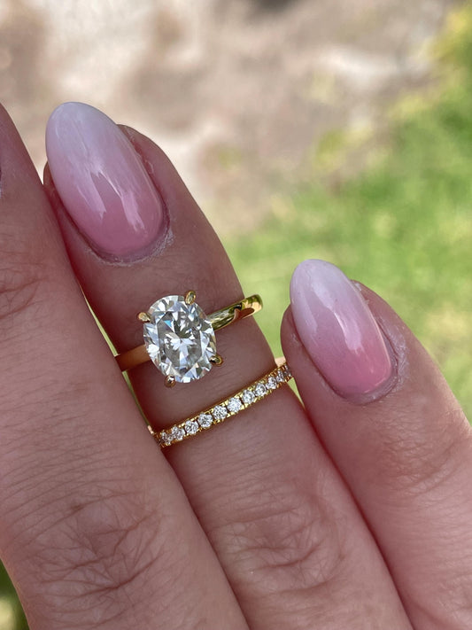Moissanite engagement ring set. Sterling Silver, gold vermeil set with 2CT oval cut moissanite solitaire ring and half eternity wedding band