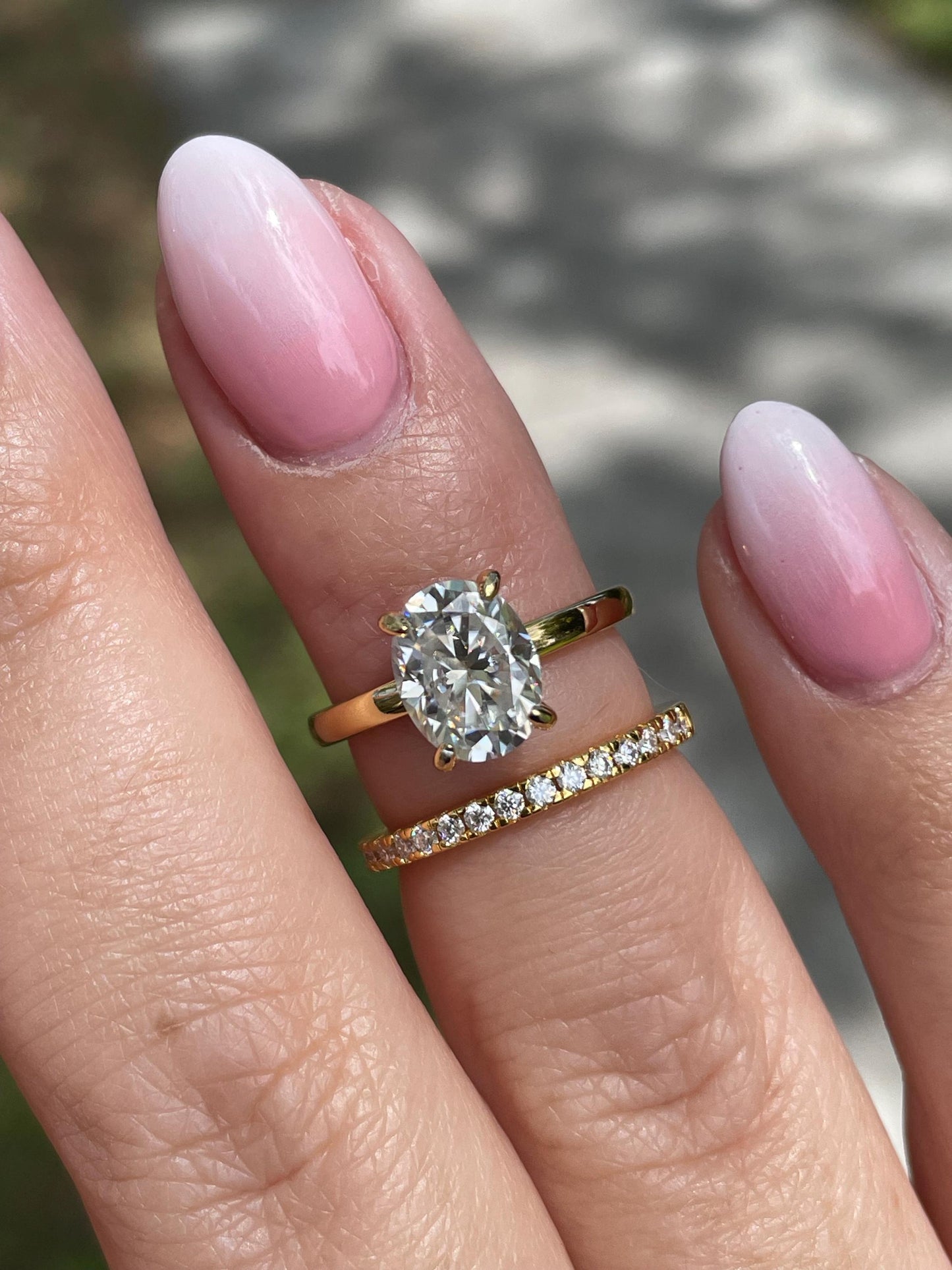 Moissanite engagement ring set. Sterling Silver, gold vermeil set with 2CT oval cut moissanite solitaire ring and half eternity wedding band