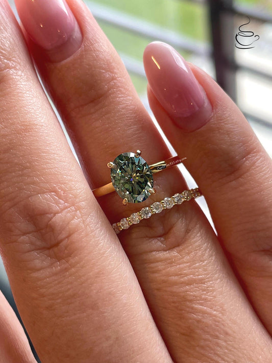 2 carat oval cut green moissanite engagement ring set, gold vermeil green moissanite ring, green stone ring, gift for her