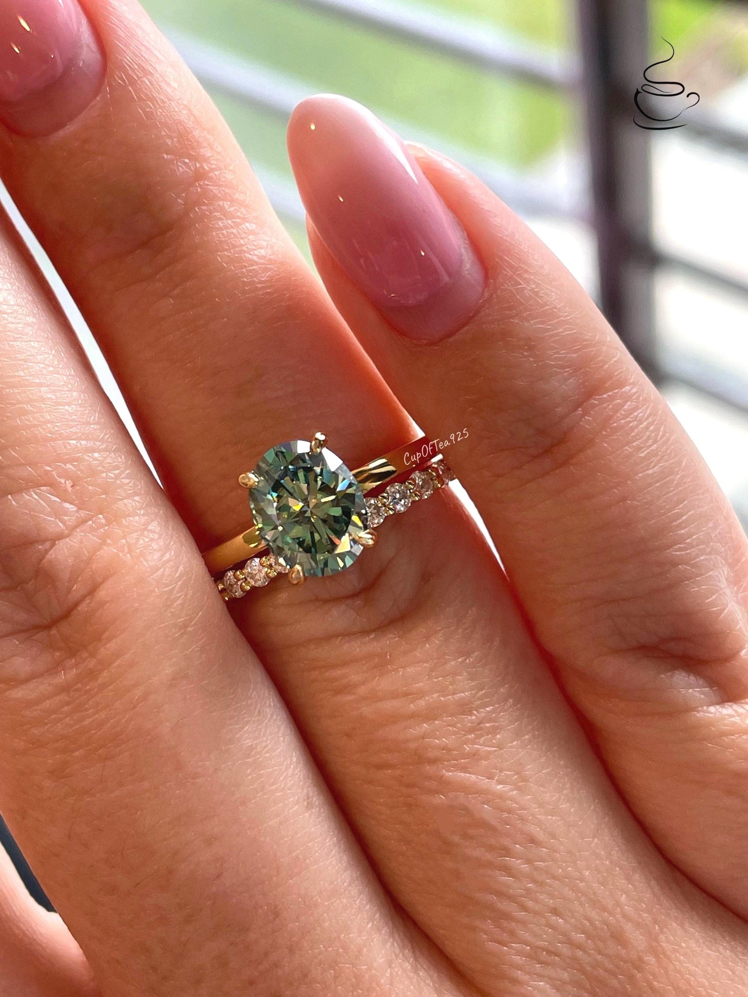 2 carat oval cut green moissanite engagement ring set, gold vermeil green moissanite ring, green stone ring, gift for her