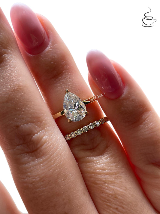 2CT Pear Cut Moissanite Engagement Ring Set , Sterling Silver with 14K Gold or Rhodium Finish and Half Eternity Band, proposal ring