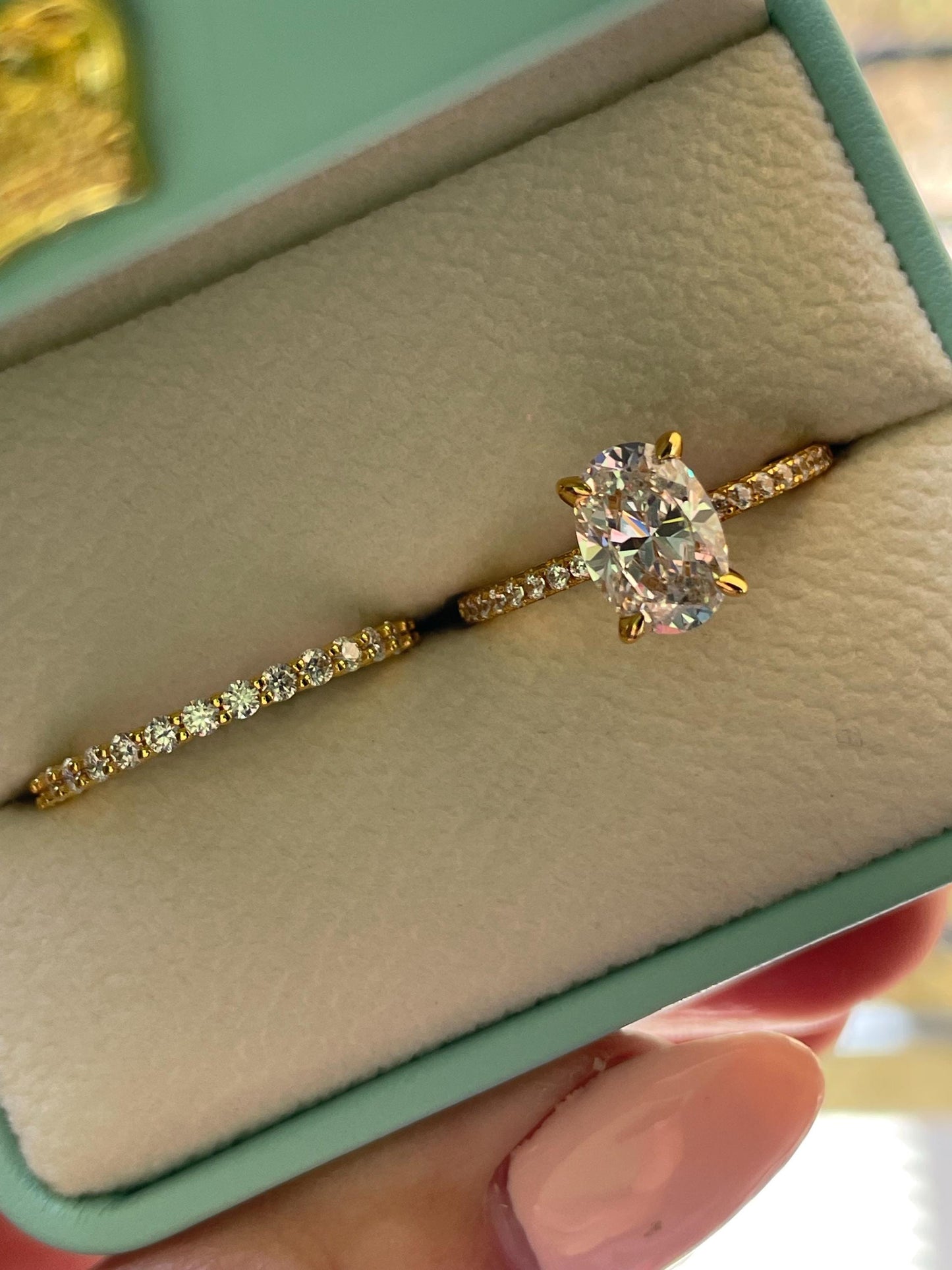 2.5CT Oval Simulated Diamond Engagement Ring Set – Sterling Silver with Rhodium, Rose Gold, or Yellow Gold Vermeil + Half Eternity Band