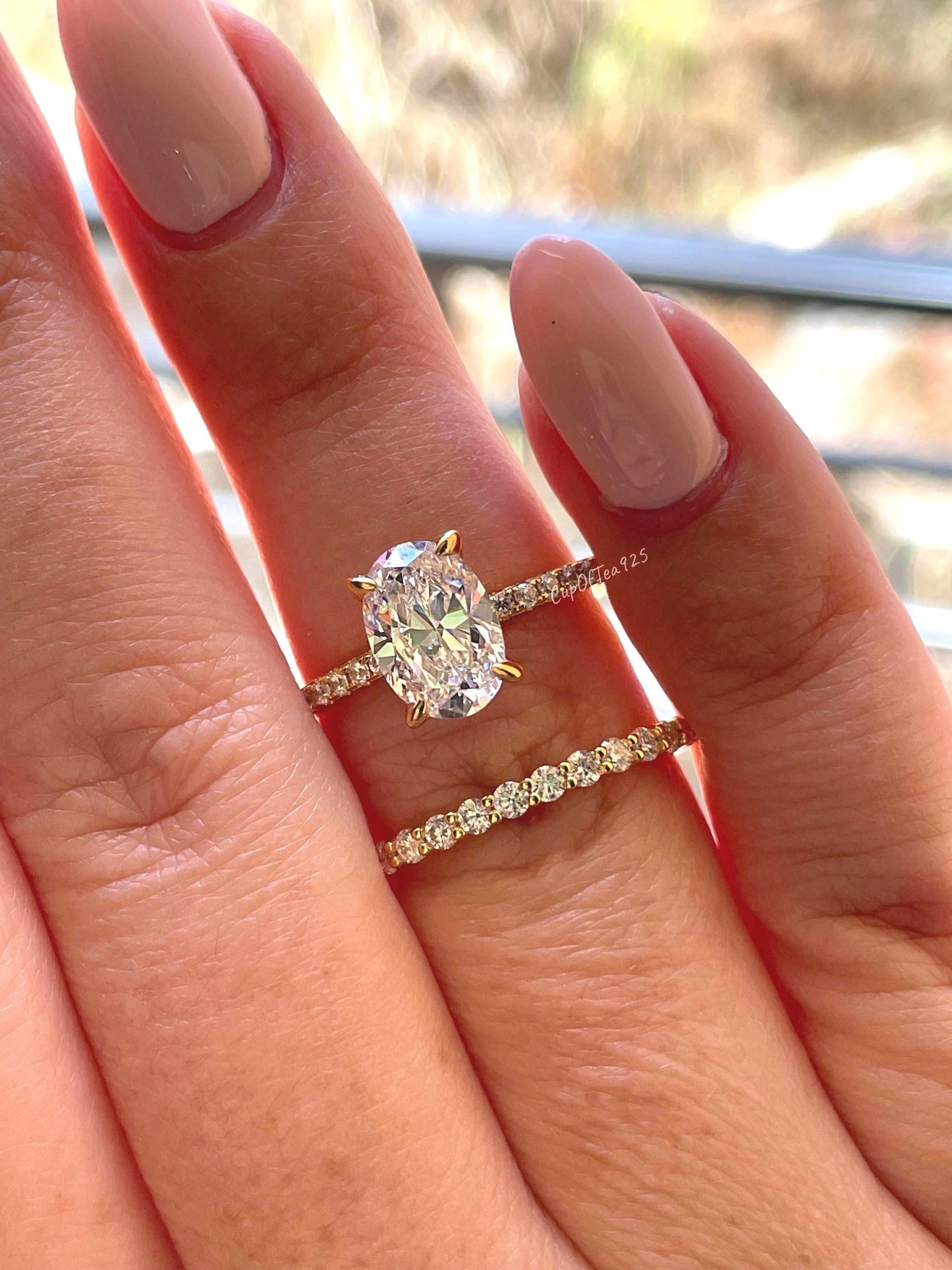 2.5CT Oval Simulated Diamond Engagement Ring Set – Sterling Silver with Rhodium, Rose Gold, or Yellow Gold Vermeil + Half Eternity Band
