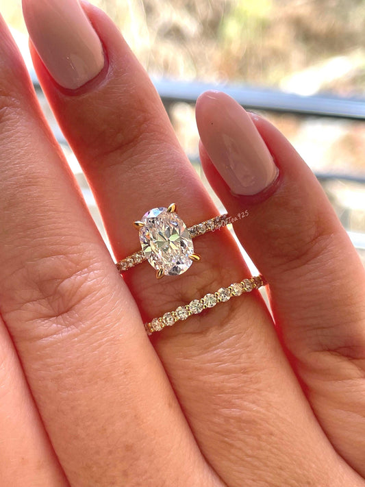 2.5CT Oval Simulated Diamond Engagement Ring Set – Sterling Silver with Rhodium, Rose Gold, or Yellow Gold Vermeil + Half Eternity Band