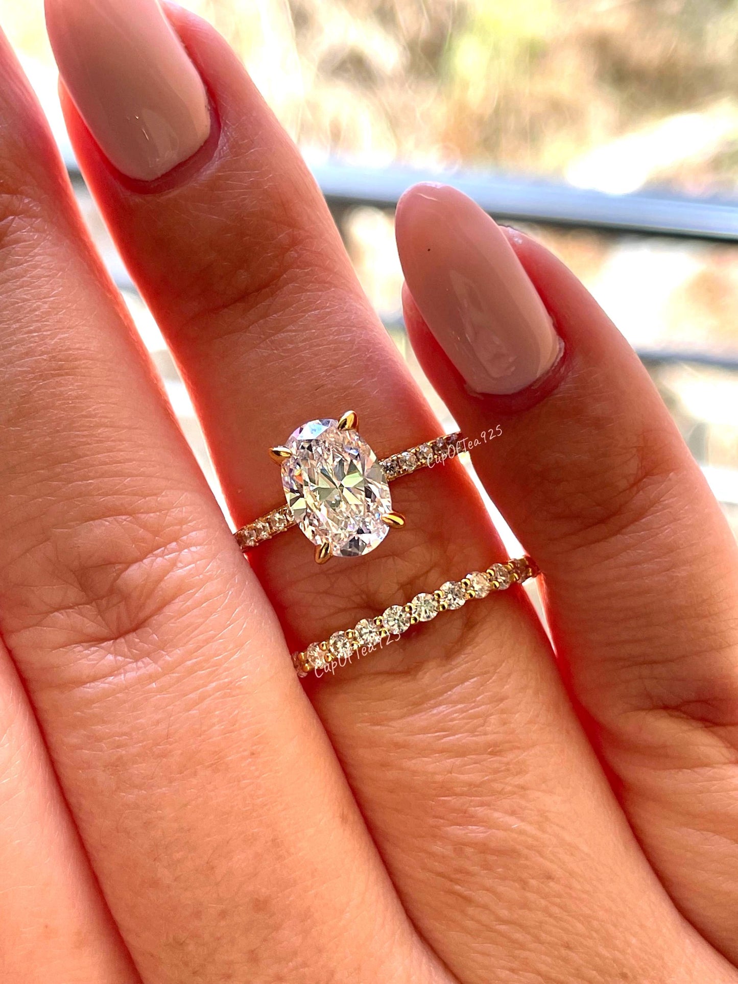 2.5CT Oval Simulated Diamond Engagement Ring Set – Sterling Silver with Rhodium, Rose Gold, or Yellow Gold Vermeil + Half Eternity Band