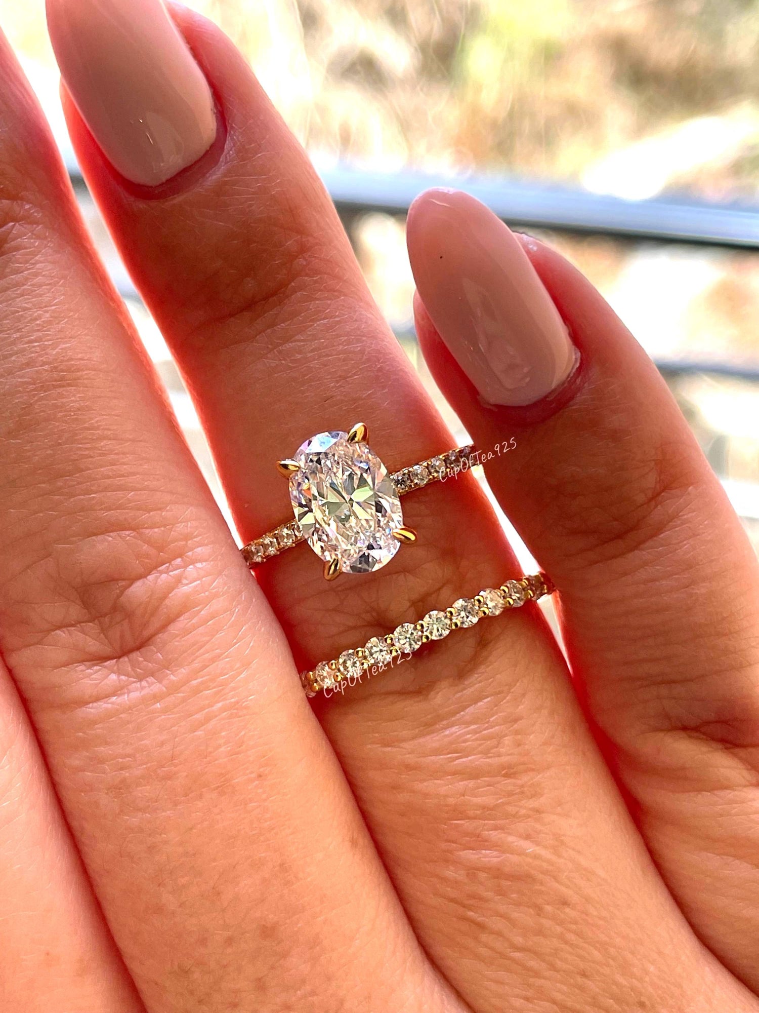2.5CT Oval Simulated Diamond Engagement Ring Set – Sterling Silver with Rhodium, Rose Gold, or Yellow Gold Vermeil + Half Eternity Band