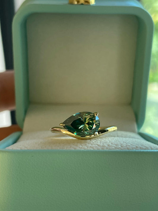 East West Pear Cut Green Moissanite Sterling Silver Engagement Ring, green stone ring, May birthstone ring, gift for her