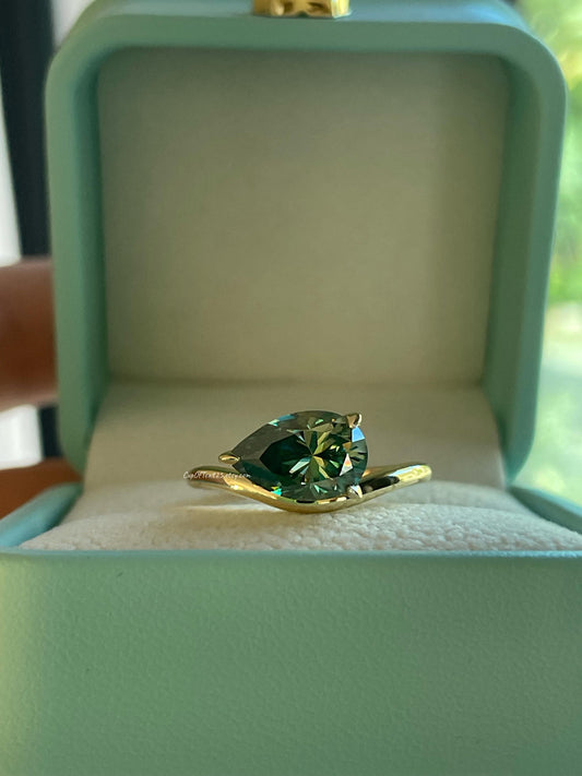 East West Pear Cut Green Moissanite Sterling Silver Engagement Ring, green stone ring, May birthstone ring, gift for her