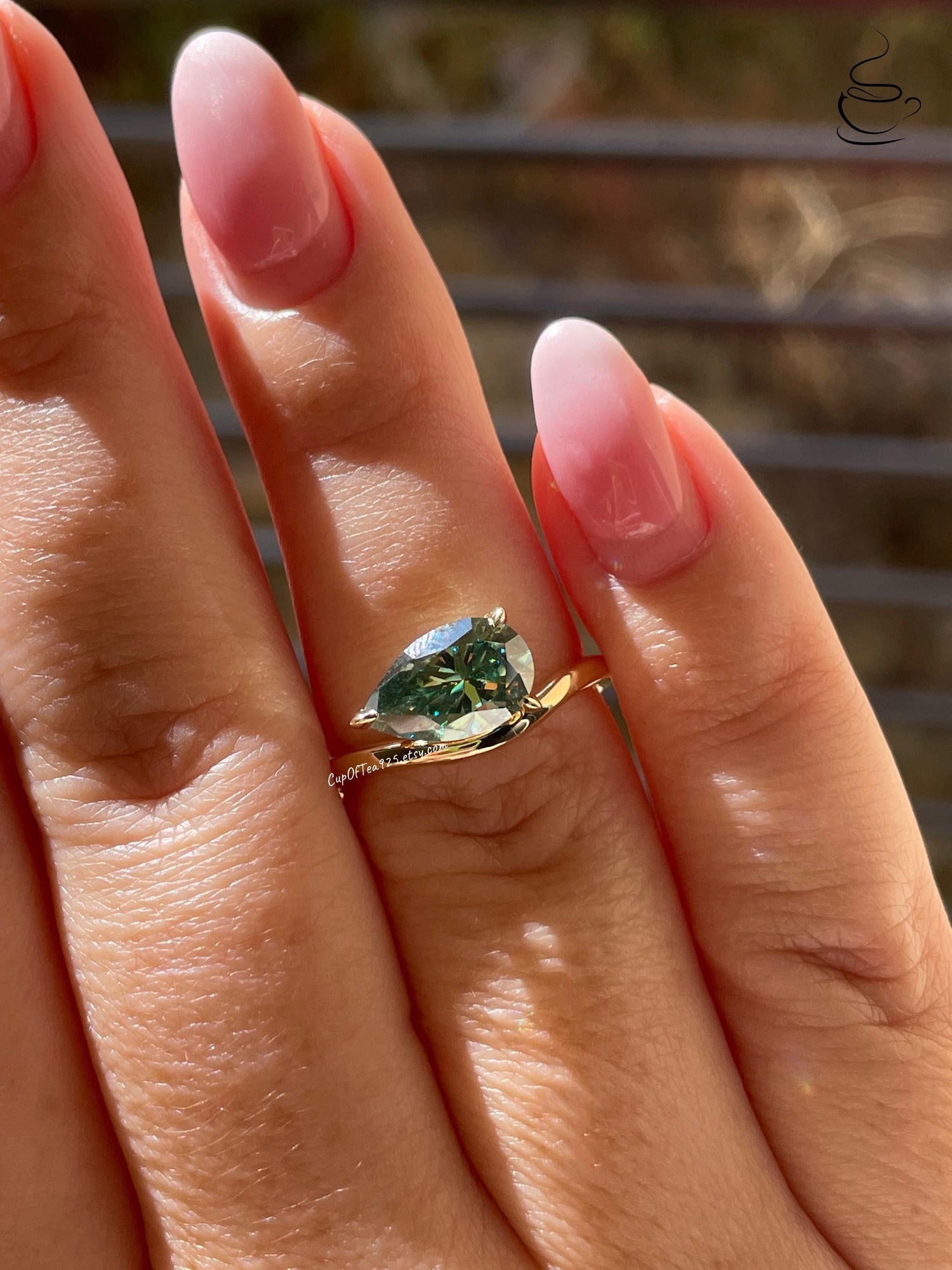 East West Pear Cut Green Moissanite Sterling Silver Engagement Ring, green stone ring, May birthstone ring, gift for her