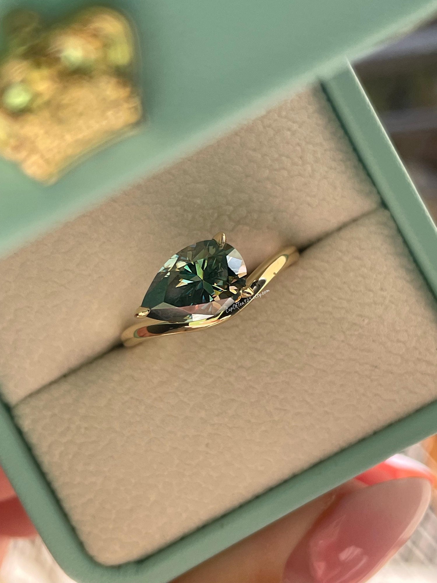 East West Pear Cut Green Moissanite Sterling Silver Engagement Ring, green stone ring, May birthstone ring, gift for her