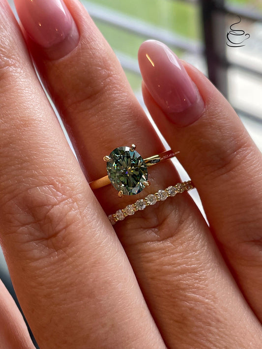 2 carat oval cut green moissanite engagement ring set, gold vermeil green moissanite ring, green stone ring, gift for her
