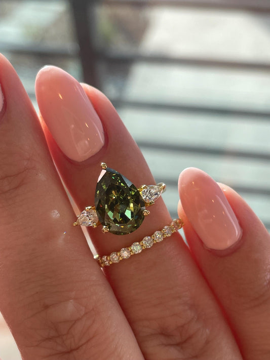 Three Stone Engagement Ring bridal set with Pear Shaped Crushed Ice Olive Green Simulated Diamond & Moissanite Band