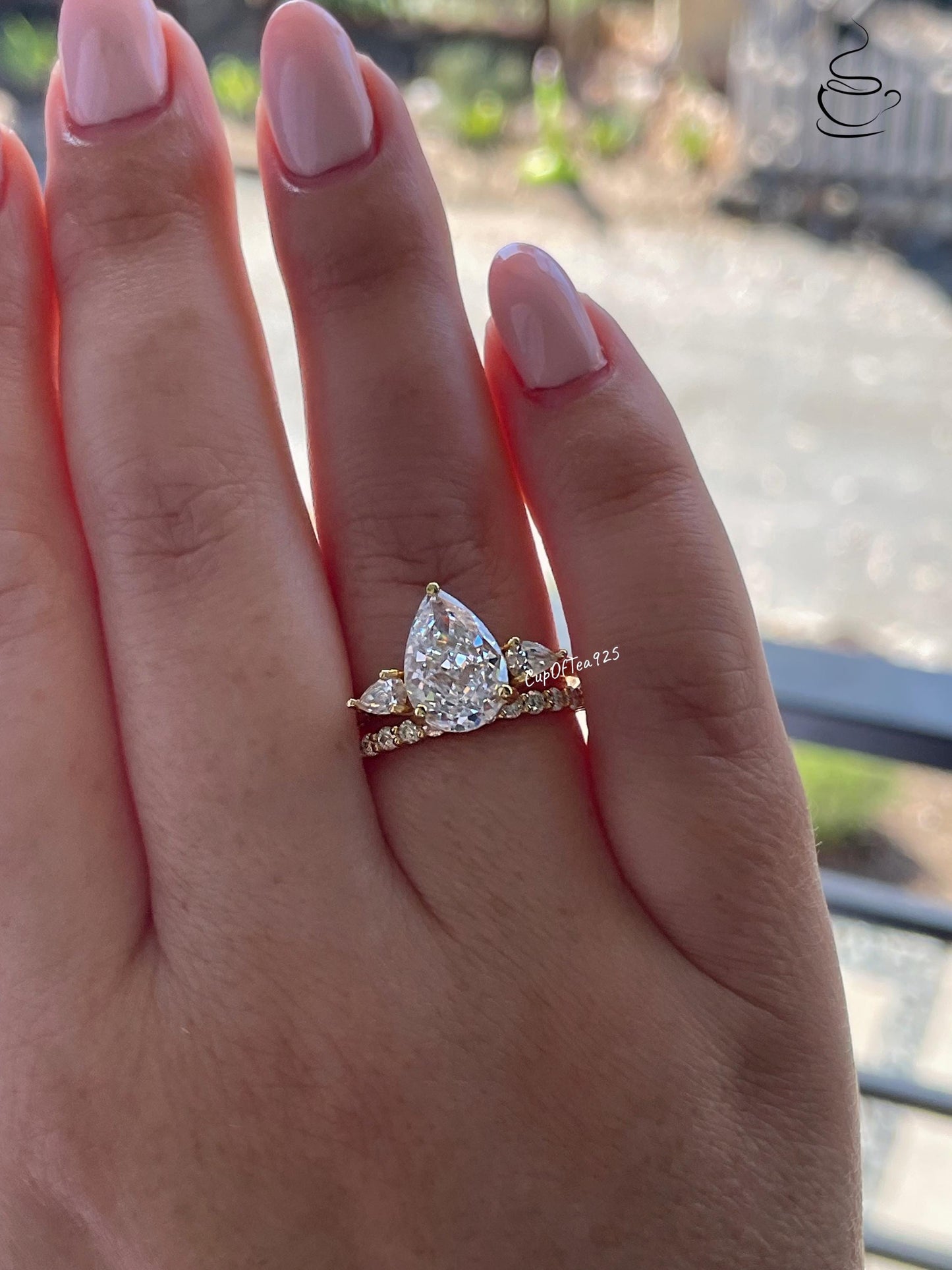 Three Stone Engagement Ring bridal set with Pear Shaped Crushed Ice Simulated Diamond & Moissanite Band, tear drop proposal engagement ring