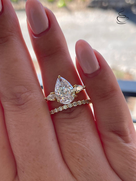 Three Stone Engagement Ring bridal set with Pear Shaped Crushed Ice Simulated Diamond & Moissanite Band, tear drop proposal engagement ring