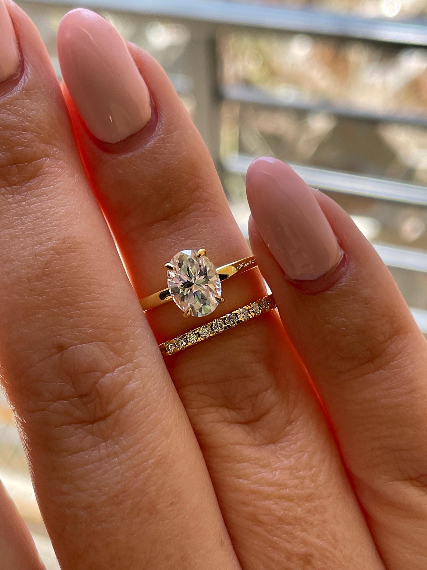 Moissanite engagement ring set. Gold vermeil, Sterling Silver 925 bridal set with 1.5CT oval cut moissanite or CZ diamonds.