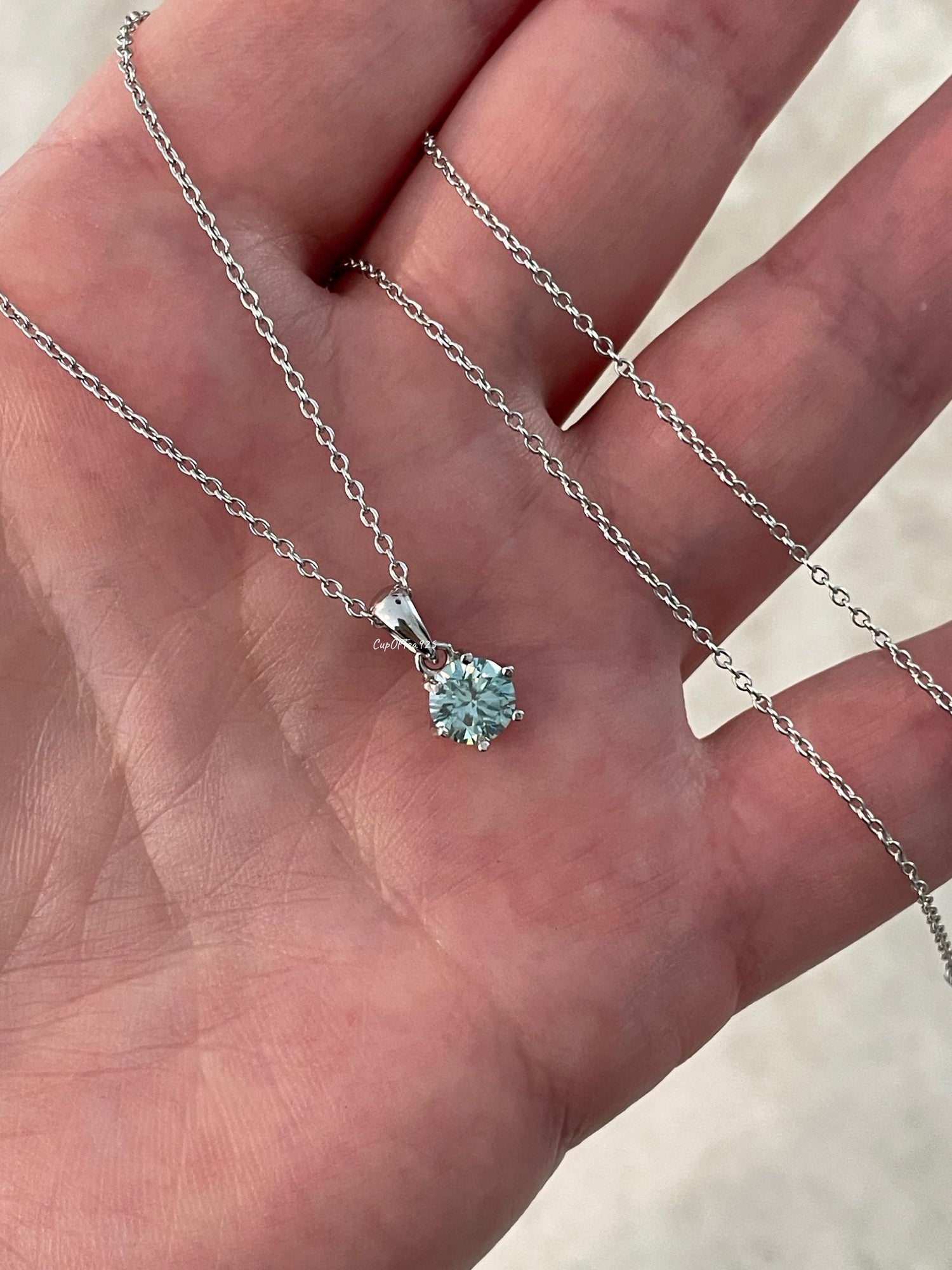 Blue Moissanite Necklace , Sterling Silver, 0.8ct Sparkling Blue Moissanite Pendant with Chain