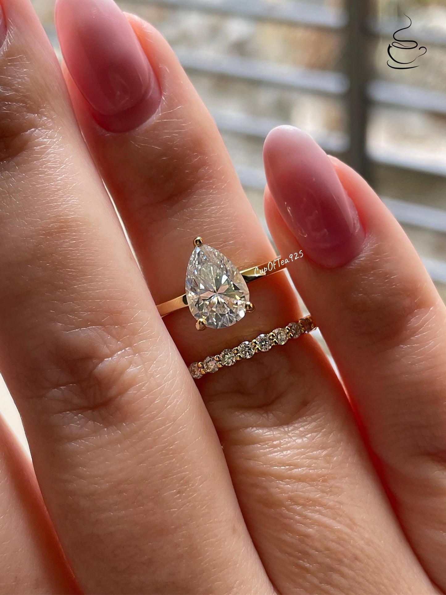 2CT Pear Cut Moissanite Engagement Ring Set , Sterling Silver with 14K Gold or Rhodium Finish and Half Eternity Band, proposal ring