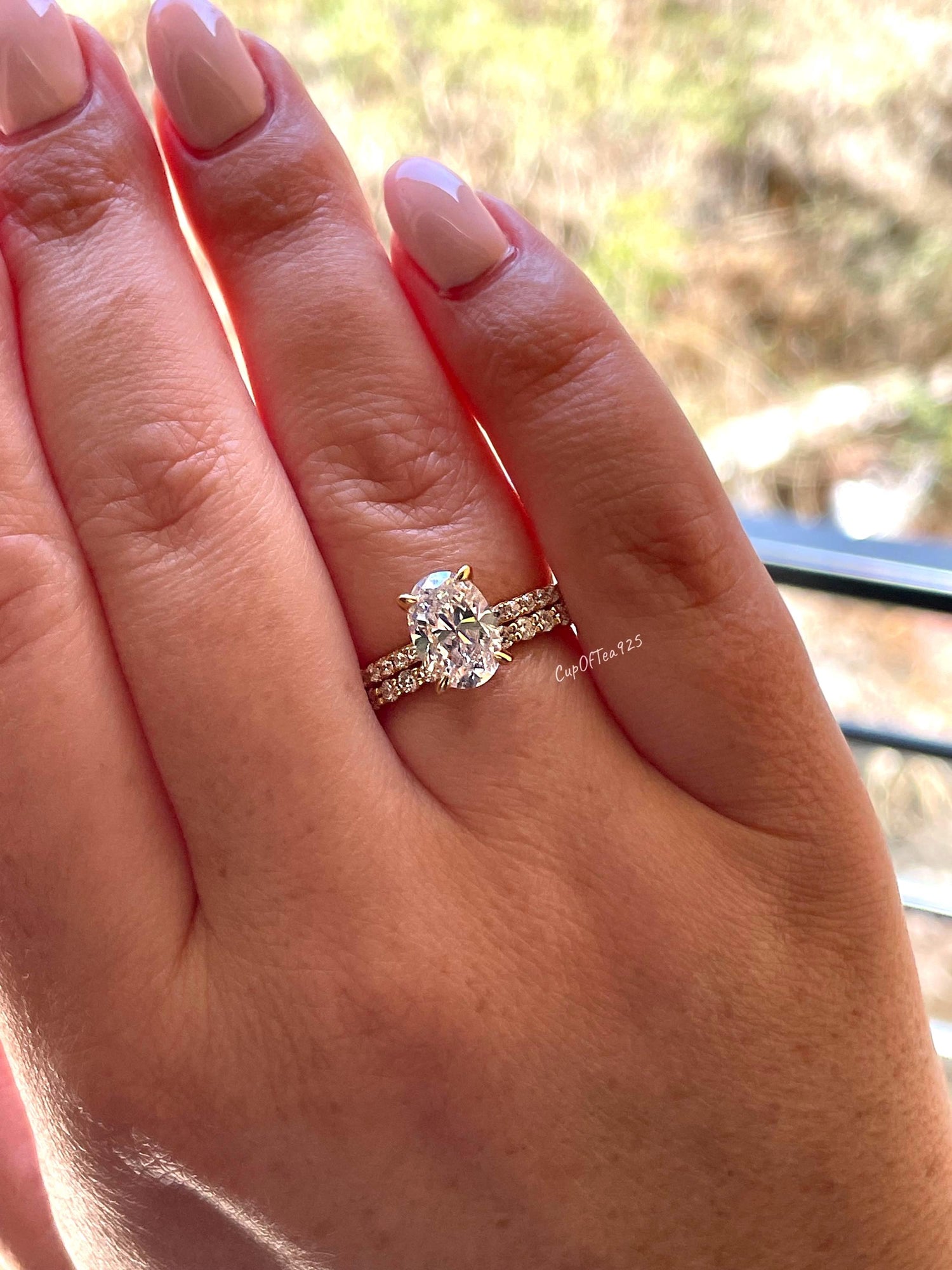 2.5CT Oval Simulated Diamond Engagement Ring Set – Sterling Silver with Rhodium, Rose Gold, or Yellow Gold Vermeil + Half Eternity Band
