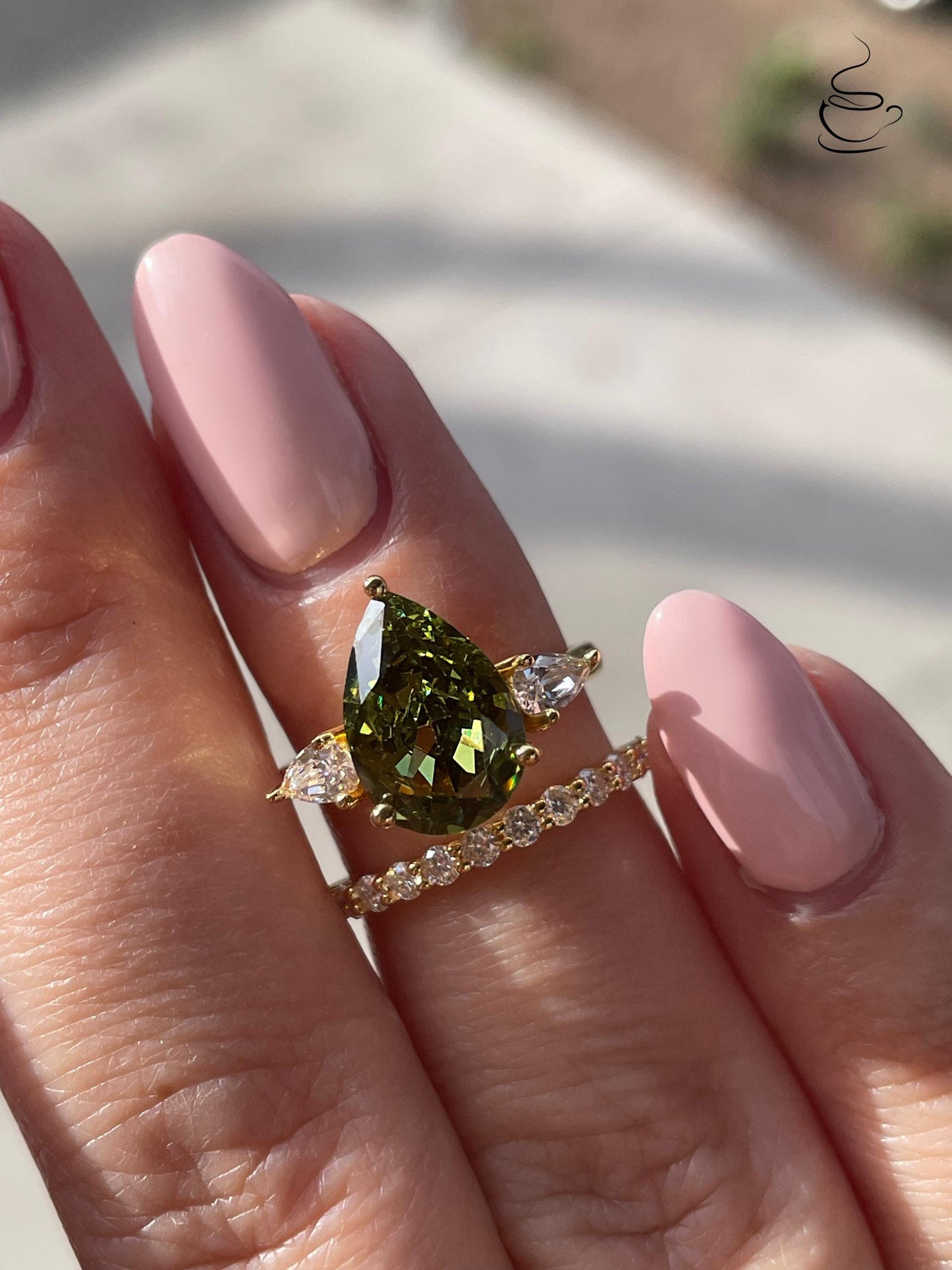 Three Stone Engagement Ring bridal set with Pear Shaped Crushed Ice Olive Green Simulated Diamond & Moissanite Band