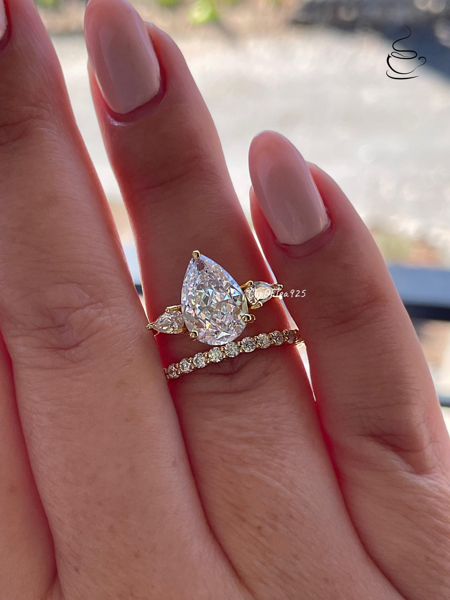 Three Stone Engagement Ring bridal set with Pear Shaped Crushed Ice Simulated Diamond & Moissanite Band, tear drop proposal engagement ring