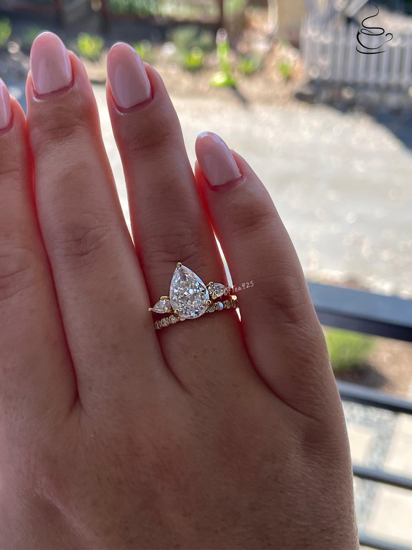 Three Stone Engagement Ring bridal set with Pear Shaped Crushed Ice Simulated Diamond & Moissanite Band, tear drop proposal engagement ring