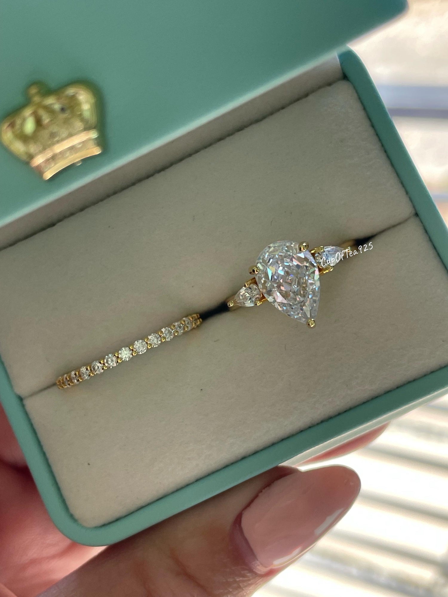Three Stone Engagement Ring bridal set with Pear Shaped Crushed Ice Simulated Diamond & Moissanite Band, tear drop proposal engagement ring
