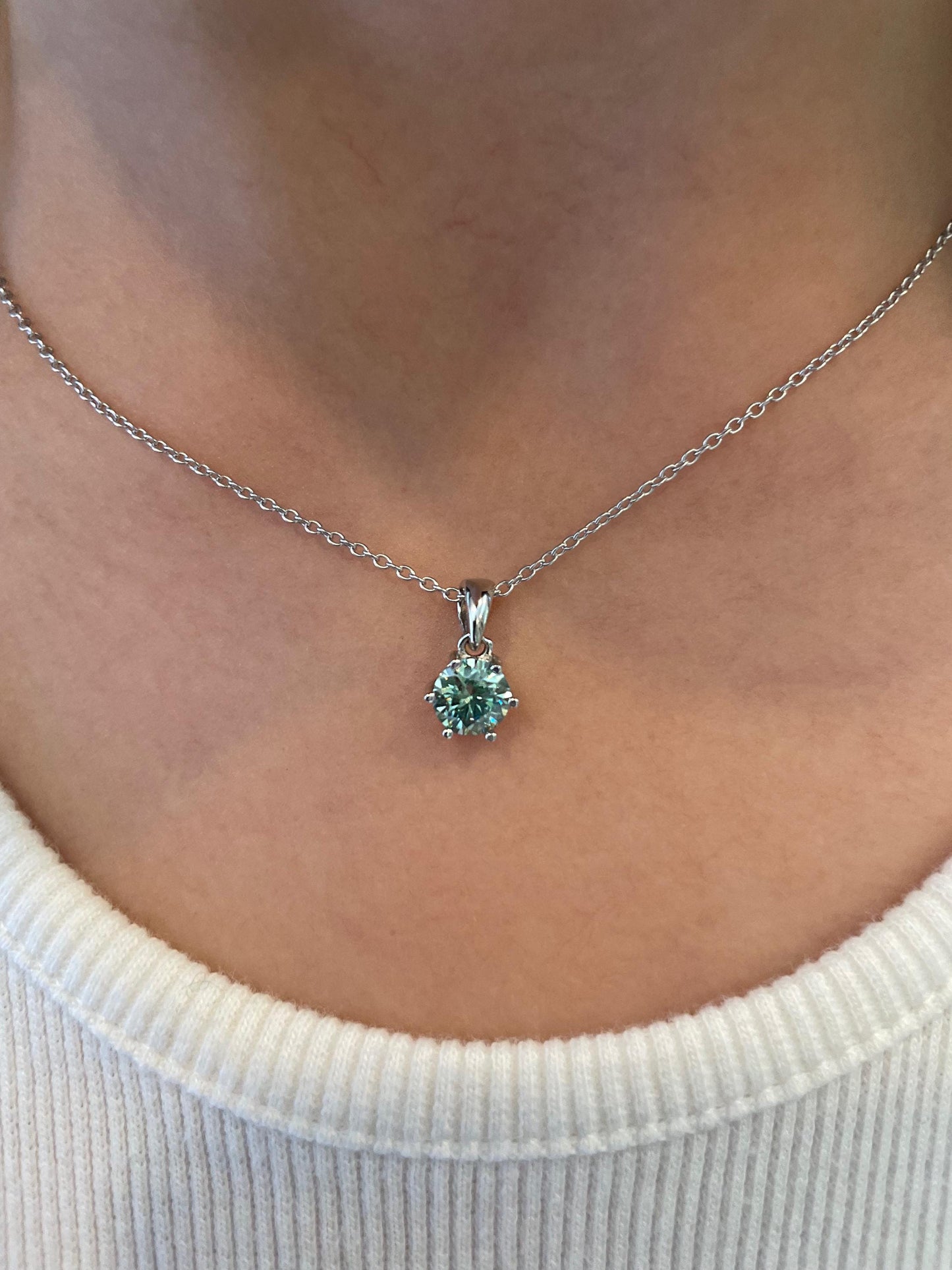 Blue Green Moissanite Necklace , Sterling Silver, 0.8ct Blue green , green Sparkling Moissanite Pendant with Chain