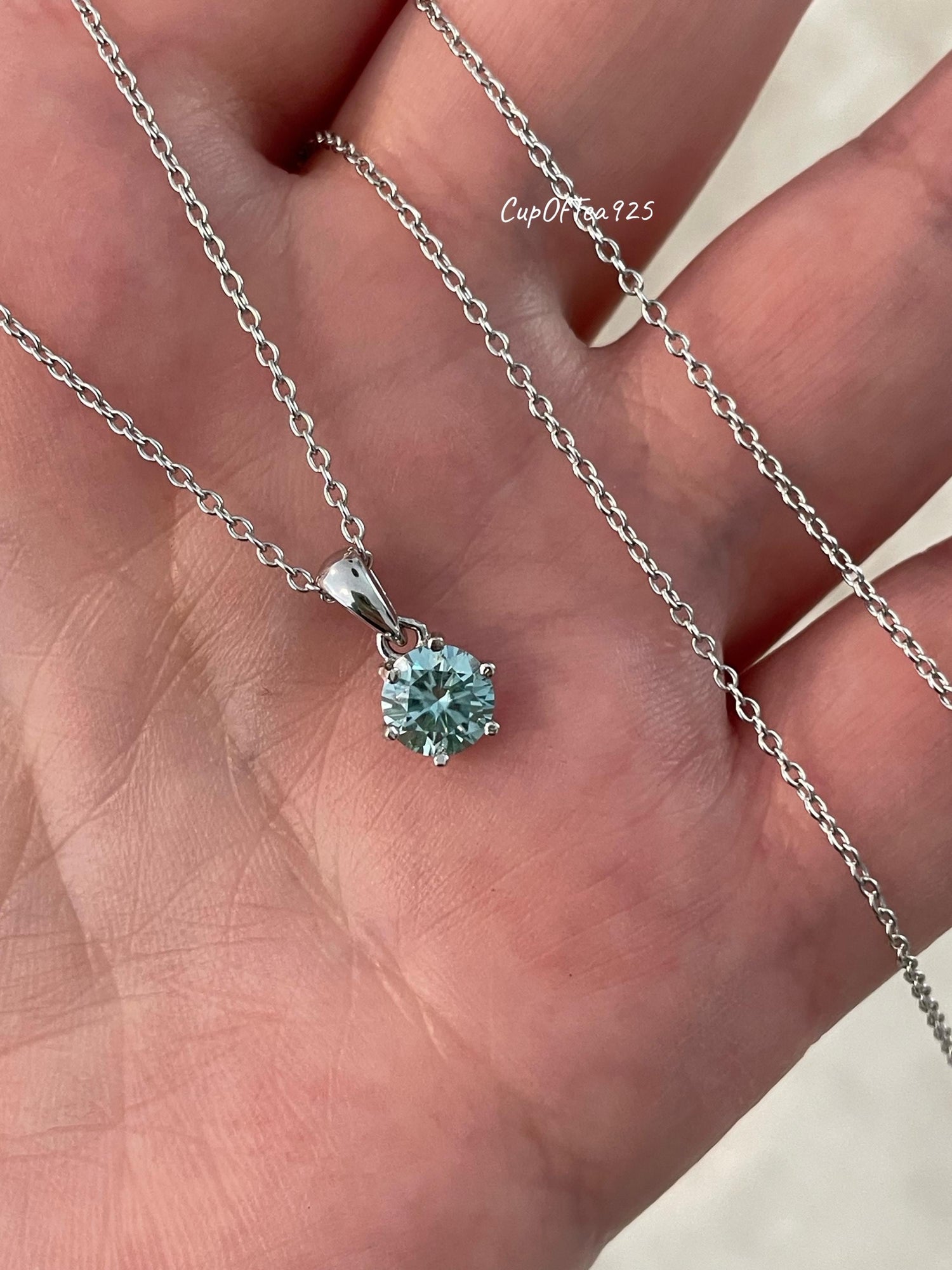 Blue Green Moissanite Necklace , Sterling Silver, 0.8ct Blue green , green Sparkling Moissanite Pendant with Chain