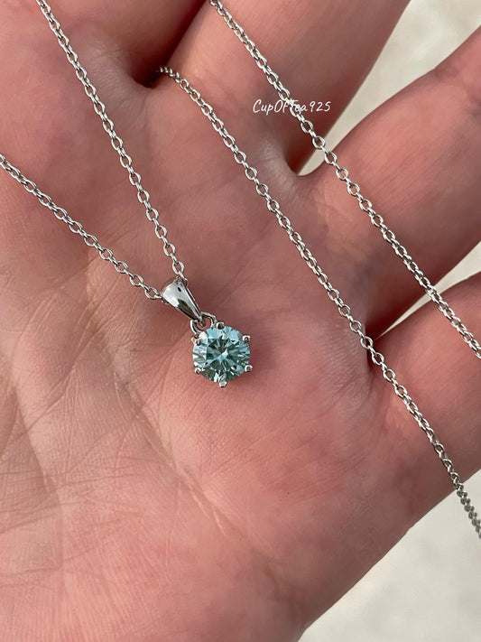 Blue Green Moissanite Necklace , Sterling Silver, 0.8ct Blue green , green Sparkling Moissanite Pendant with Chain