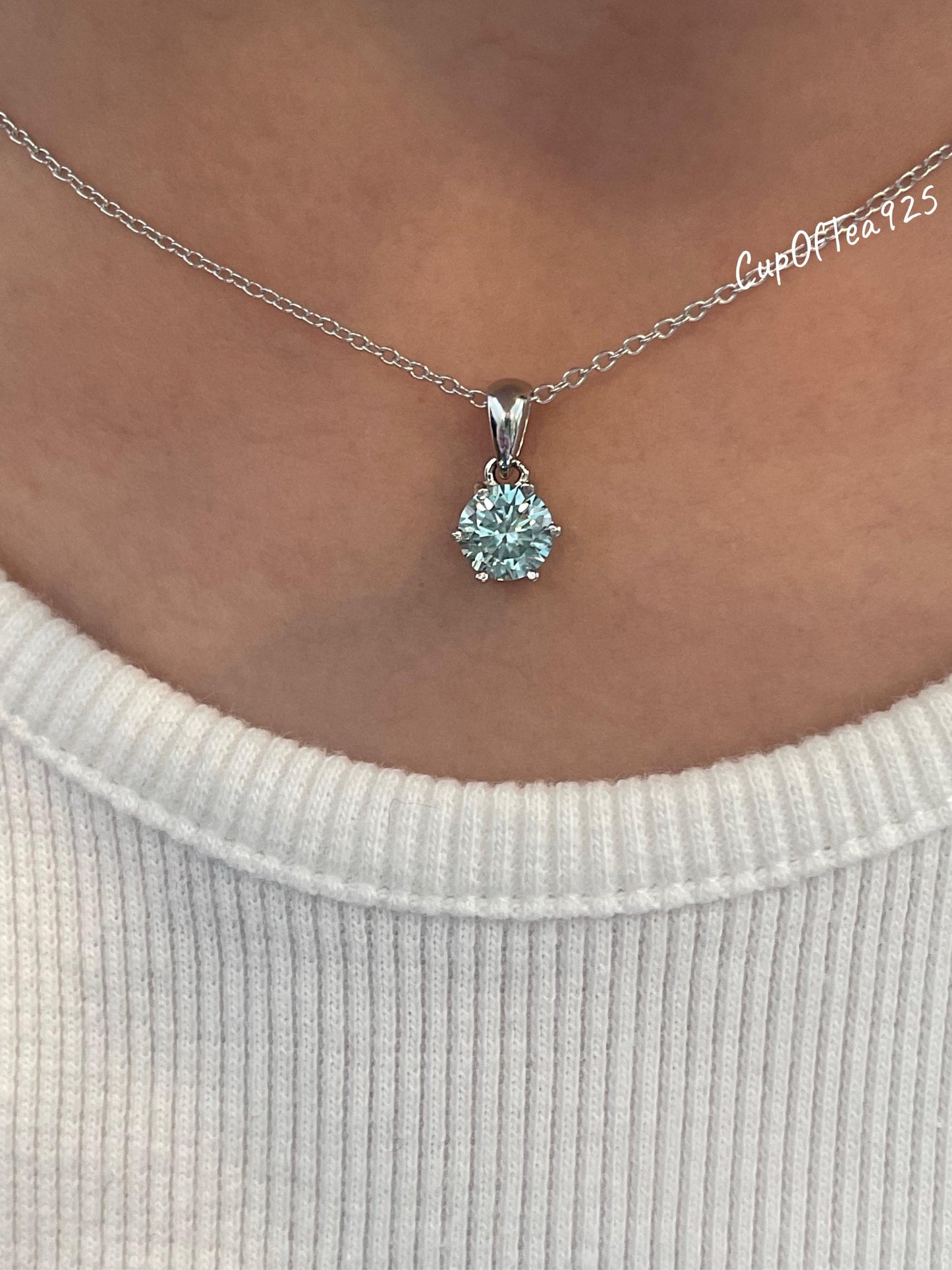 Blue Moissanite Necklace , Sterling Silver, 0.8ct Sparkling Blue Moissanite Pendant with Chain