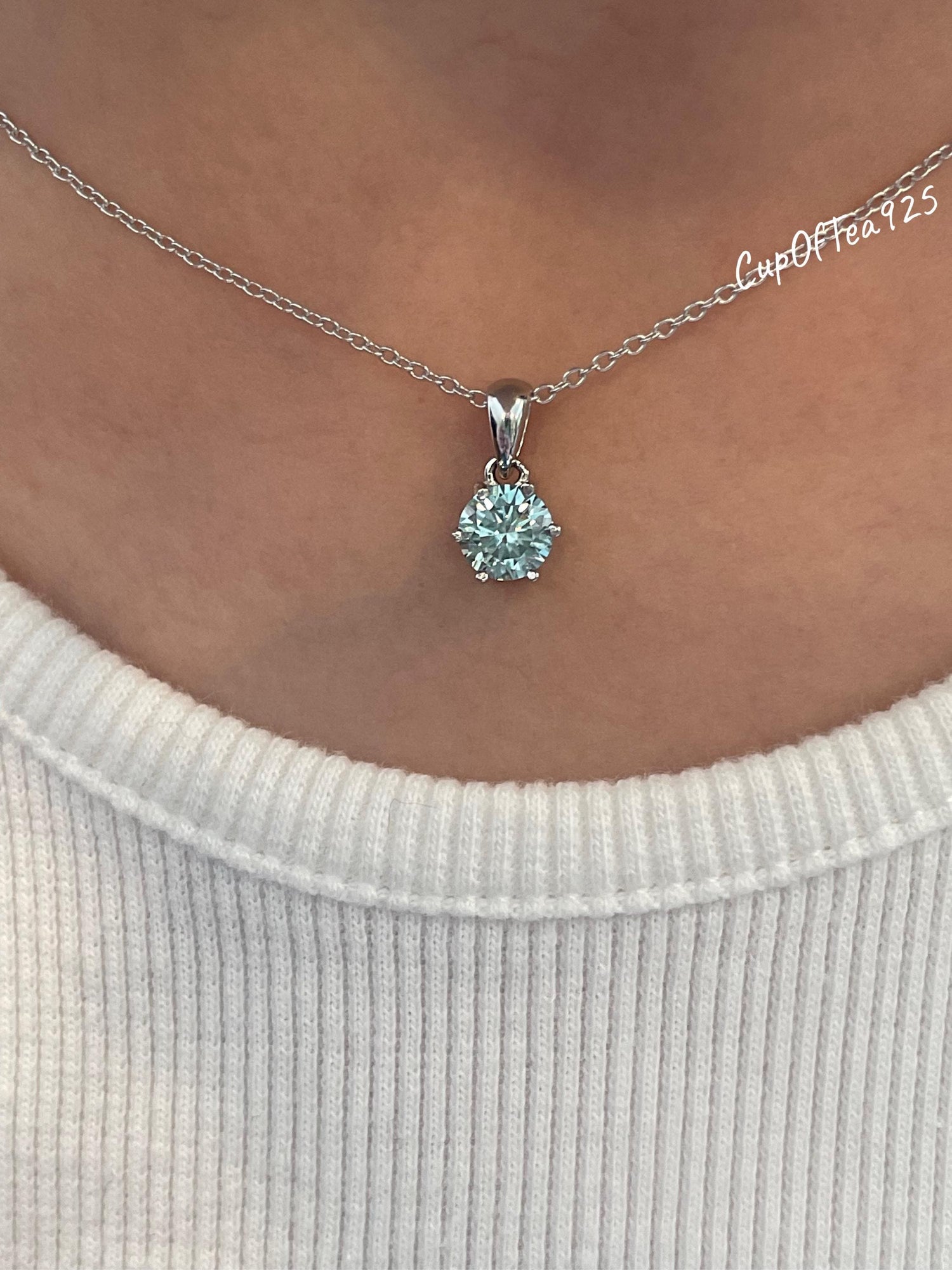 Blue Moissanite Necklace , Sterling Silver, 0.8ct Sparkling Blue Moissanite Pendant with Chain