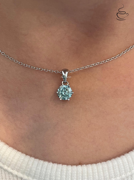 Blue Moissanite Necklace , Sterling Silver, 0.8ct Sparkling Blue Moissanite Pendant with Chain