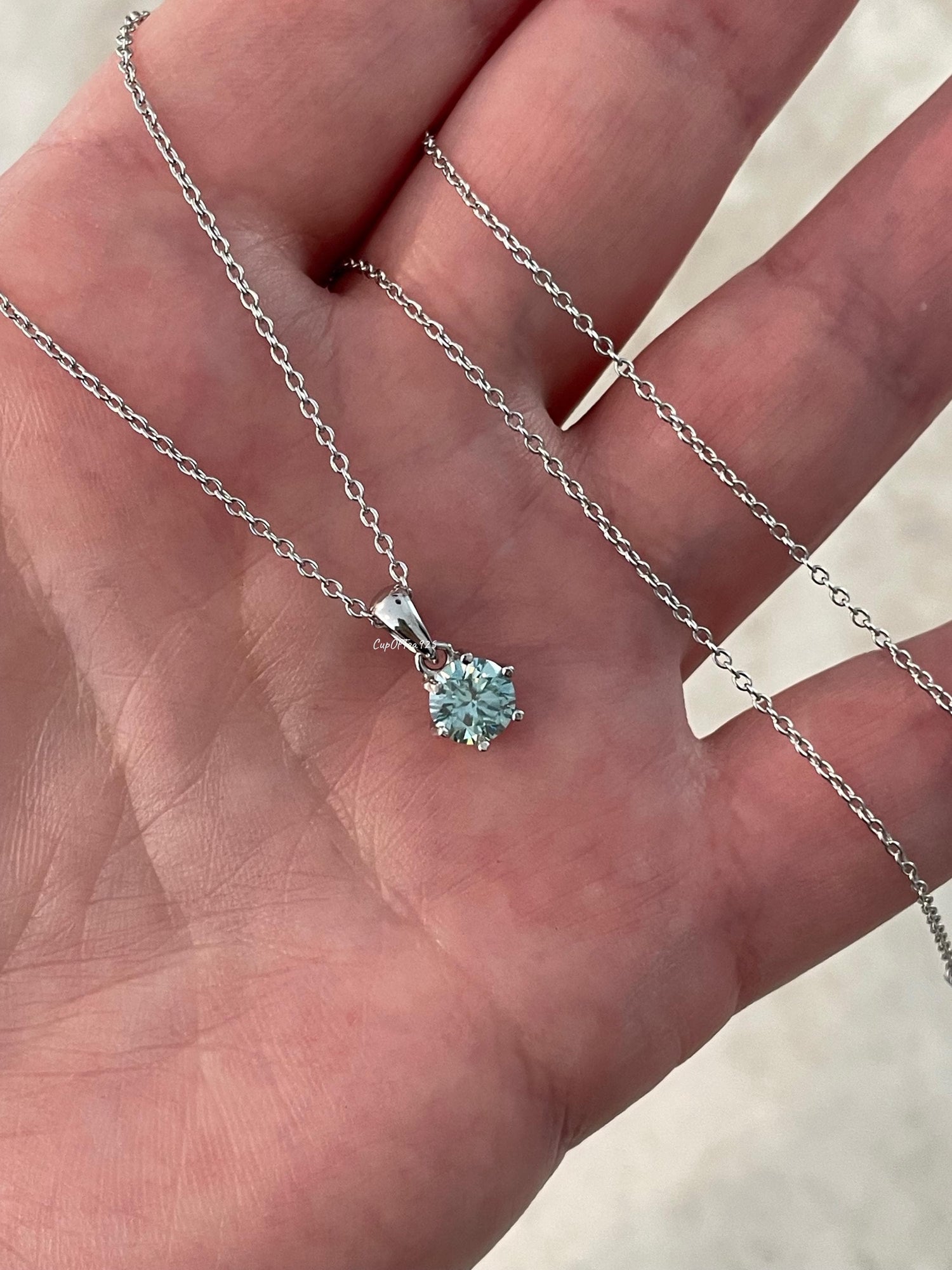 Blue Moissanite Necklace , Sterling Silver, 0.8ct Sparkling Blue Moissanite Pendant with Chain