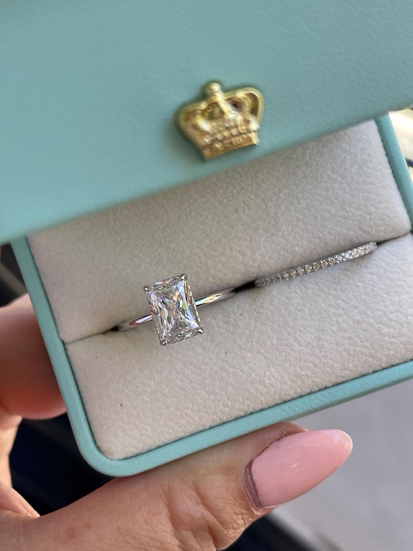 Sterling Silver 925 , gold vermeil Bridal Set with 3 carat Radiant Cut CZ engagement ring with hidden halo and full eternity band