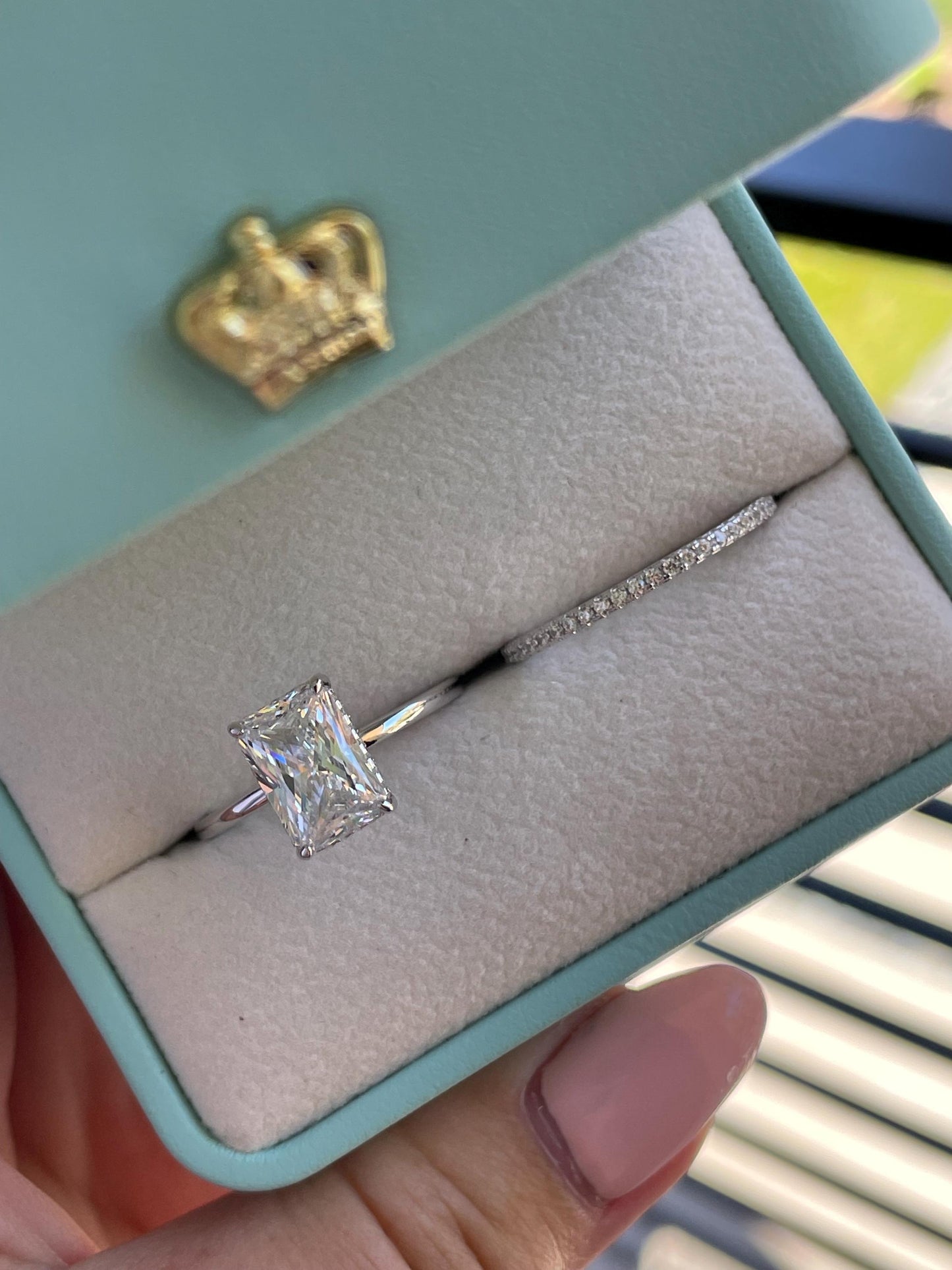 Sterling Silver 925 , gold vermeil Bridal Set with 3 carat Radiant Cut CZ engagement ring with hidden halo and full eternity band