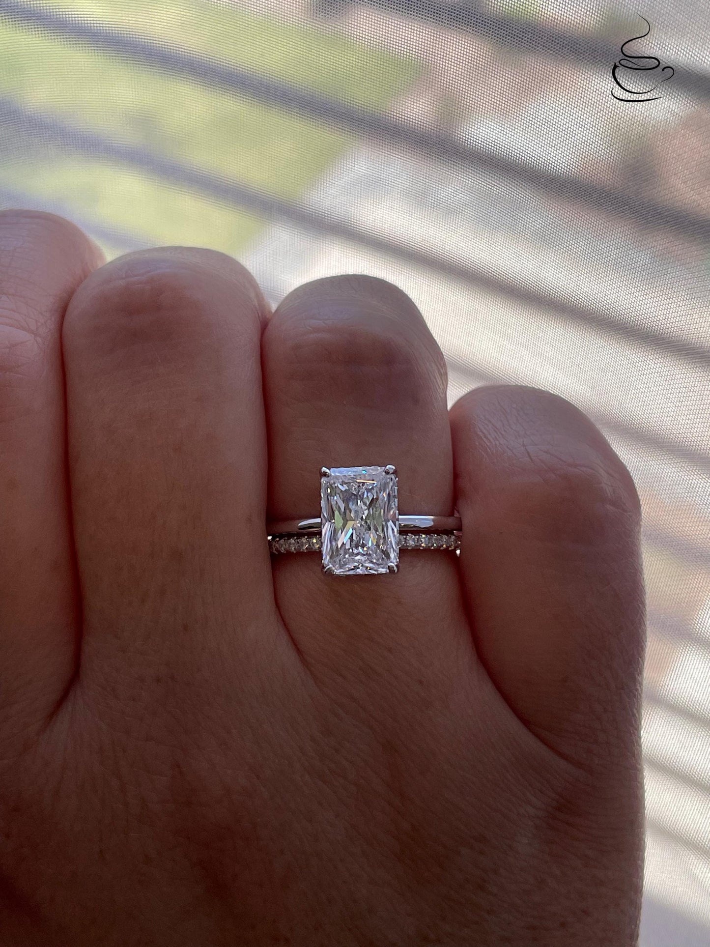 Sterling Silver 925 , gold vermeil Bridal Set with 3 carat Radiant Cut CZ engagement ring with hidden halo and full eternity band