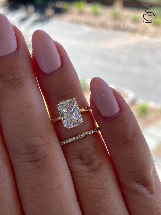 Sterling Silver 925 , gold vermeil Bridal Set with 3 carat Radiant Cut CZ engagement ring with hidden halo and full eternity band