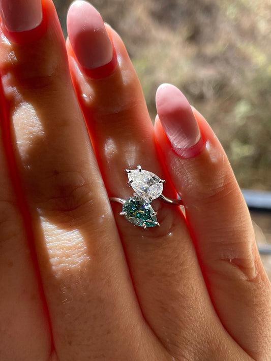 Moissanite Toi et Moi engagement ring. Sterling Silver 925 Toi et Moi with green and white pear cut moissanite, birthstone ring
