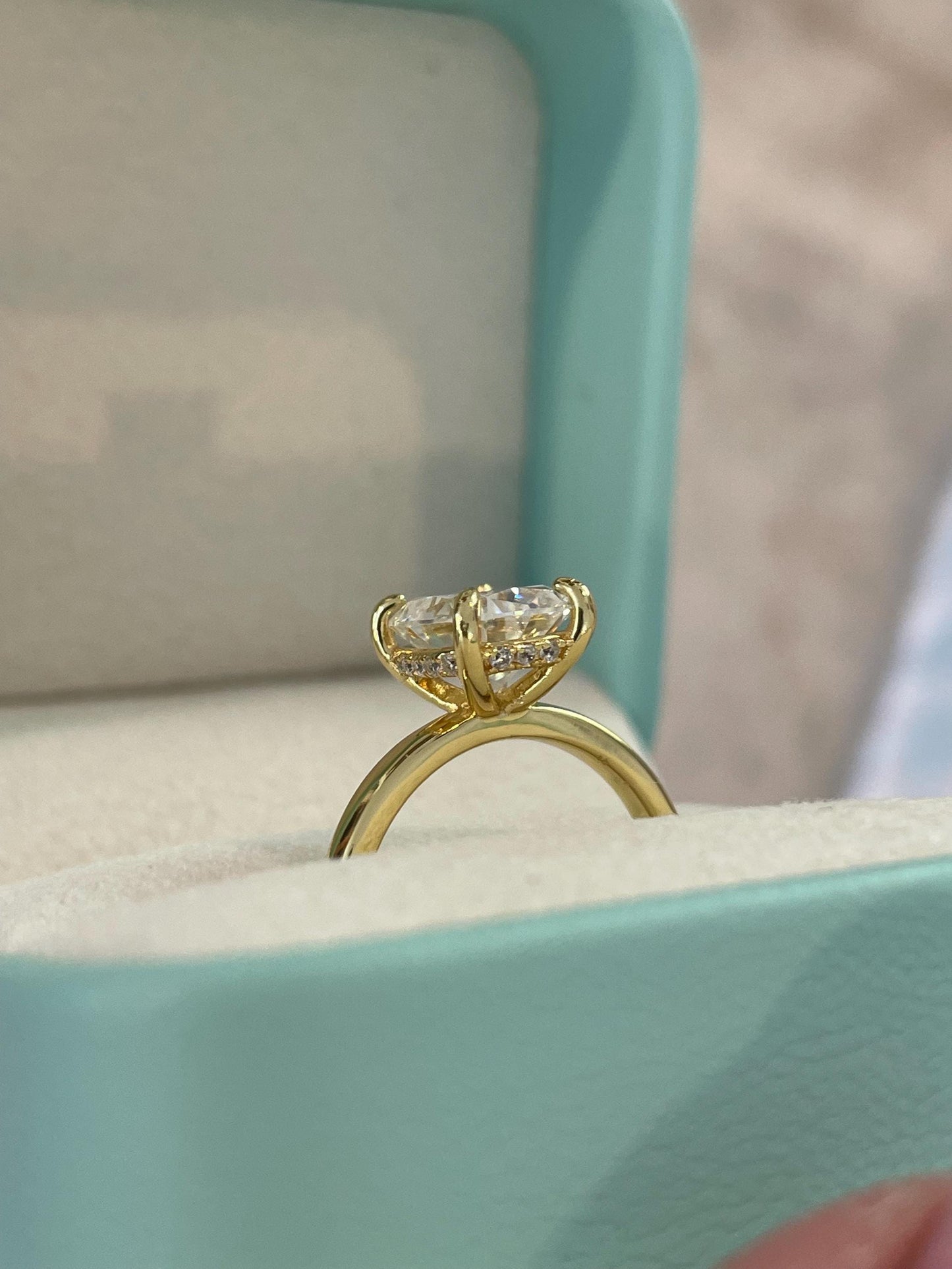 Moissanite engagement ring with 2.5CT Elongated Cushion Cut and hidden halo, yellow gold vermeil, silver engagement ring with Moissanite
