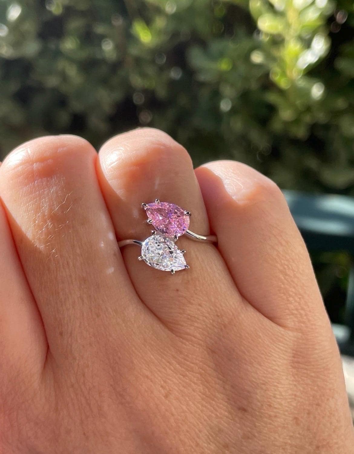 Crushed Ice double pear cut fancy pink Toi et Moi engagement Ring in Sterling silver 925, Pink stone ring, gift for her