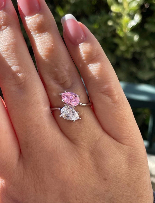 Crushed Ice double pear cut fancy pink Toi et Moi engagement Ring in Sterling silver 925, Pink stone ring, gift for her