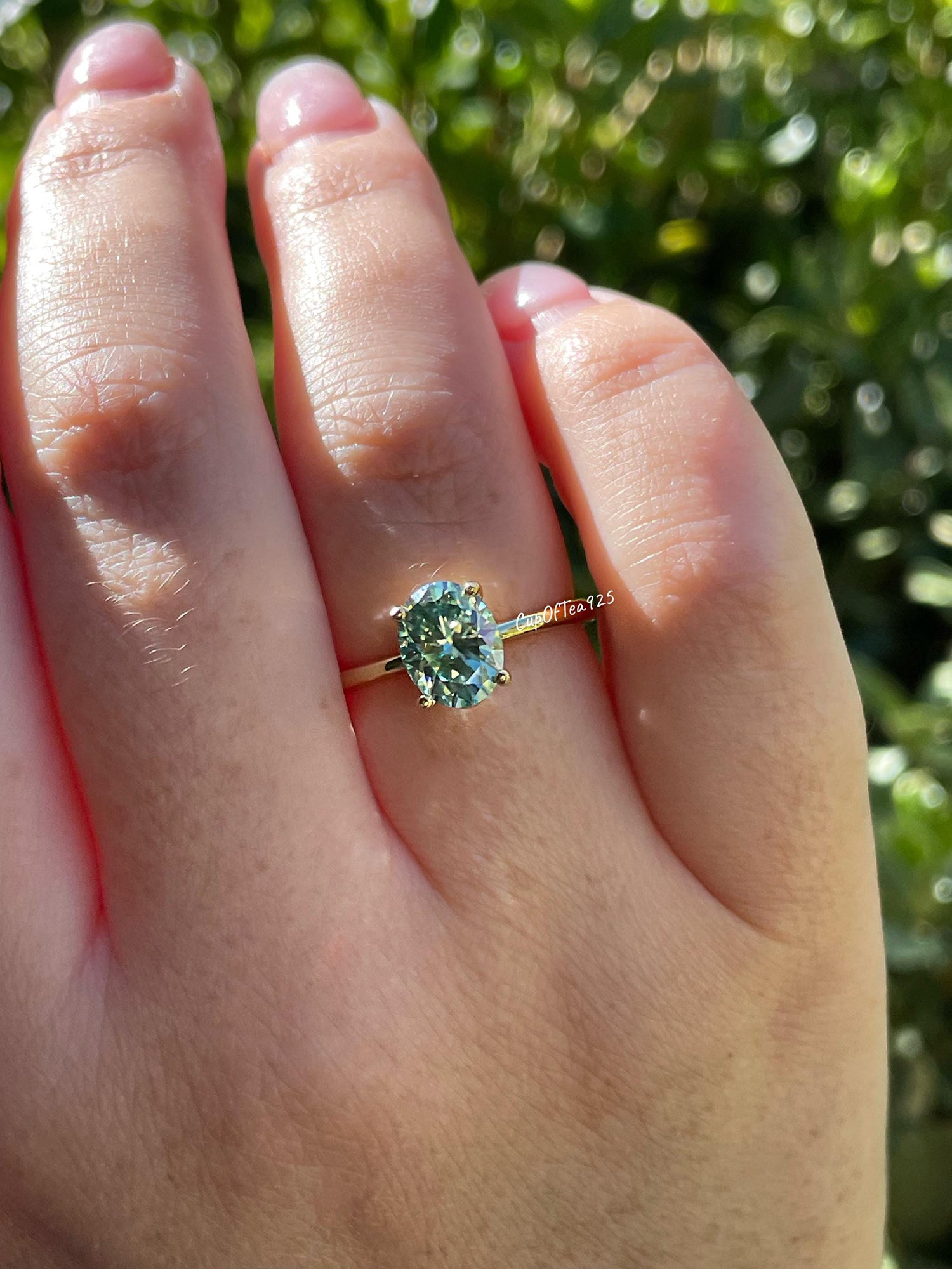 2CT oval green moissanite engagement ring in rose gold vermeil, yellow gold vermeil engagement ring, green gemstone ring, may birthstone