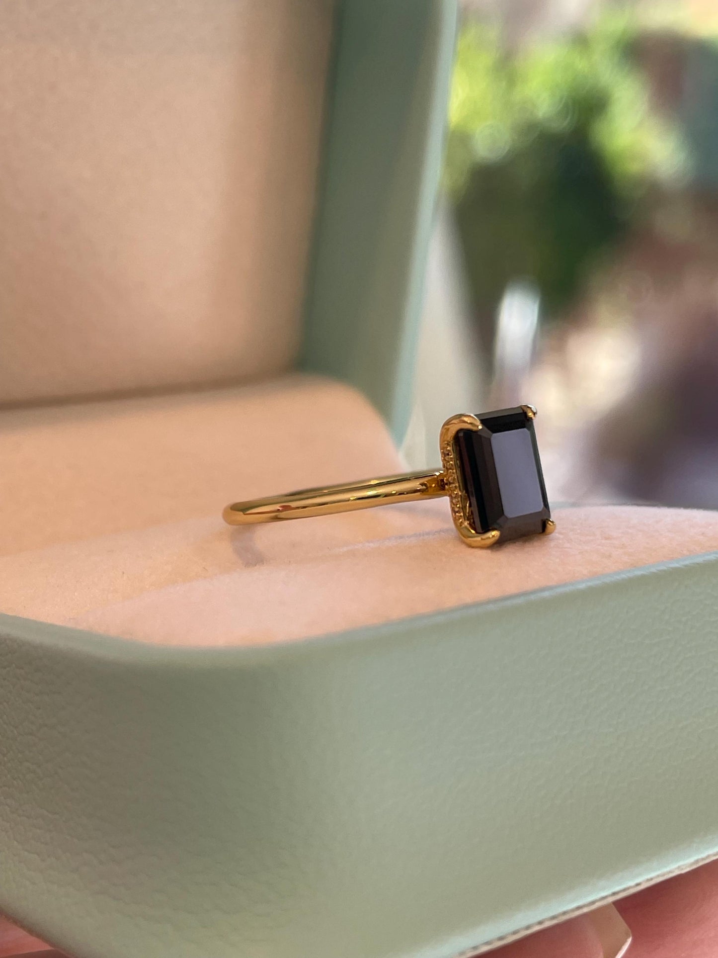 Black moissanite engagement ring, yellow gold vermeil , silver 925 emerald cut ring with black moissanite, black stone ring