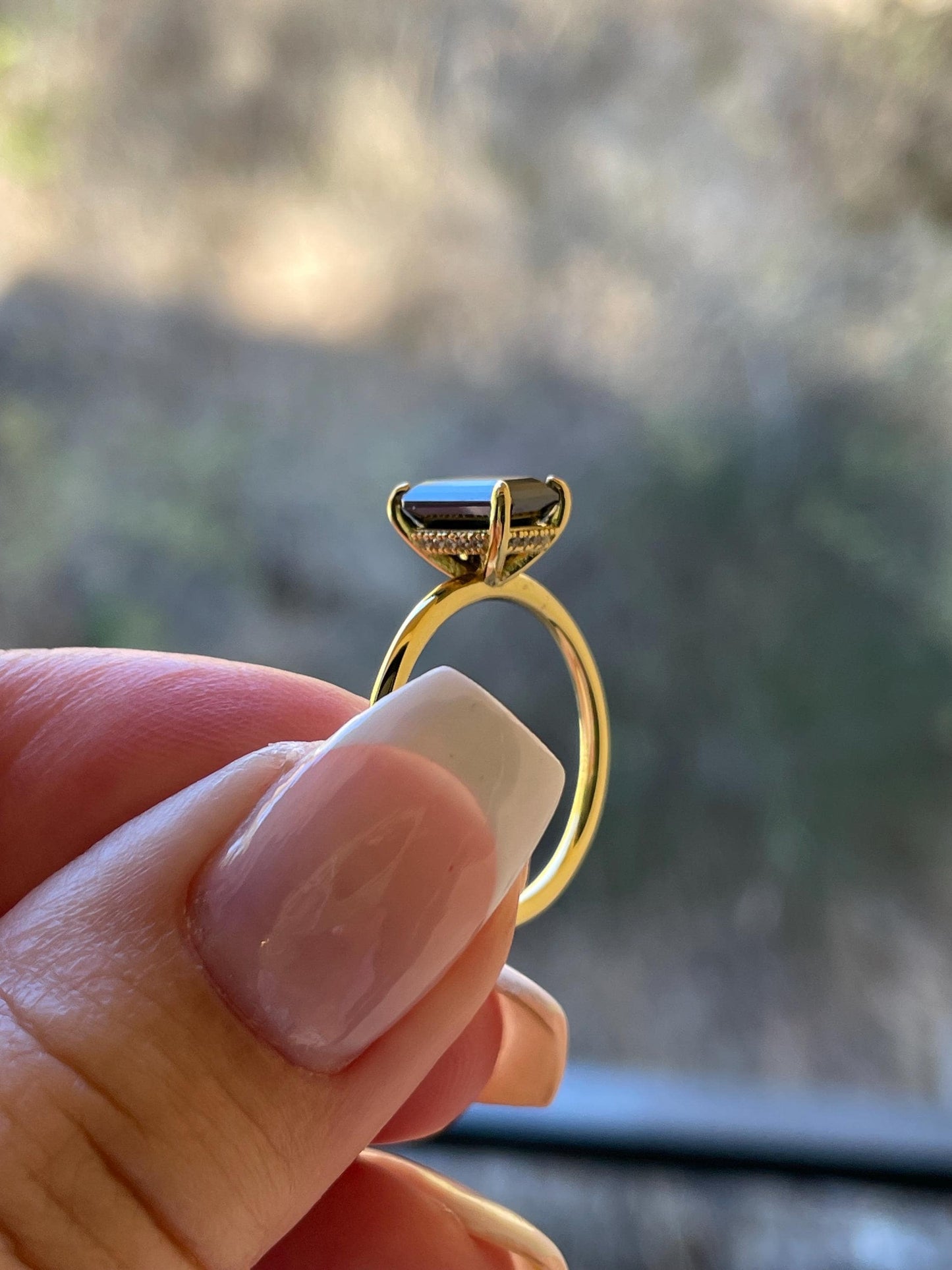 Black moissanite engagement ring, yellow gold vermeil , silver 925 emerald cut ring with black moissanite, black stone ring