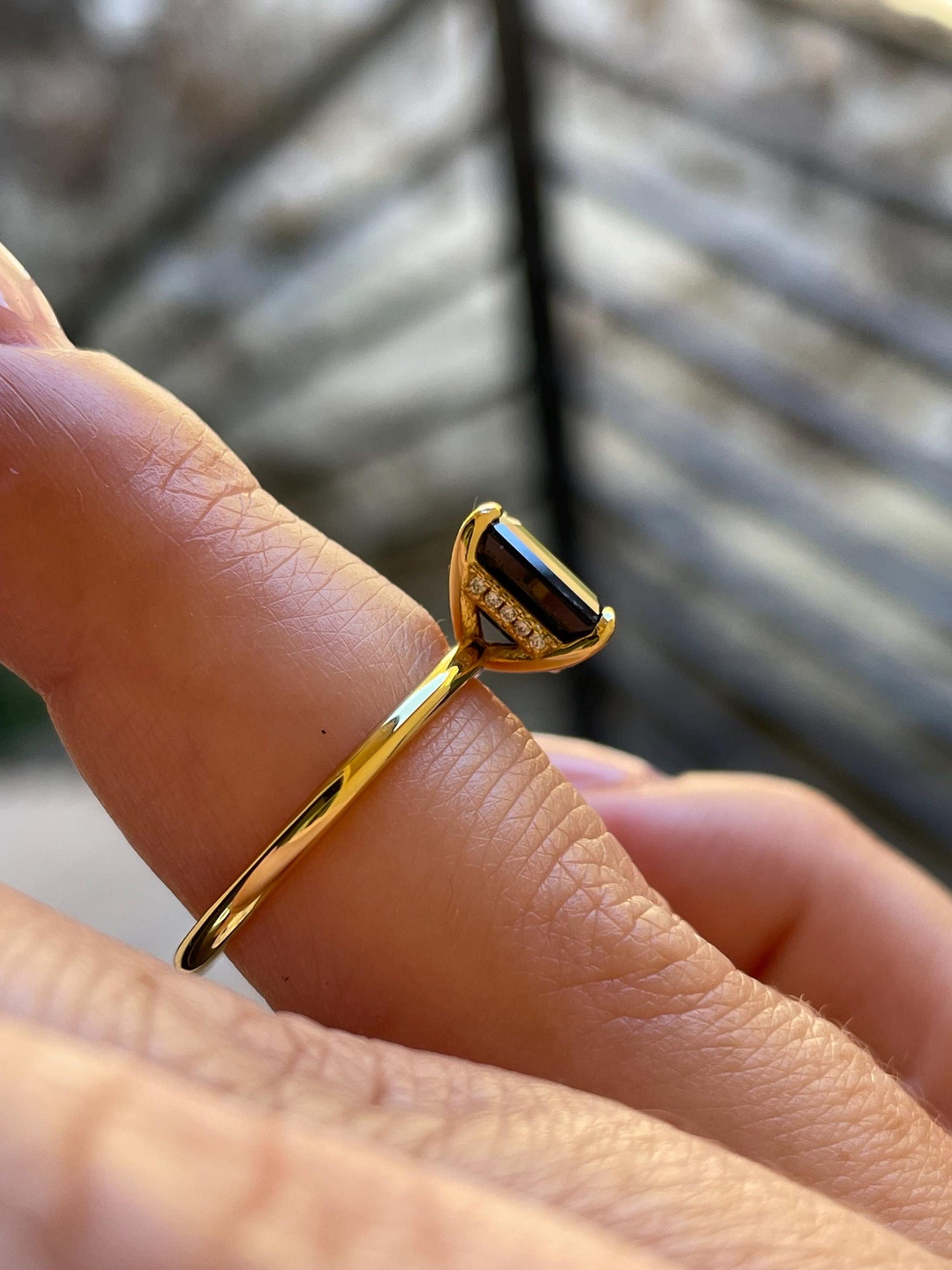Black moissanite engagement ring, yellow gold vermeil , silver 925 emerald cut ring with black moissanite, black stone ring