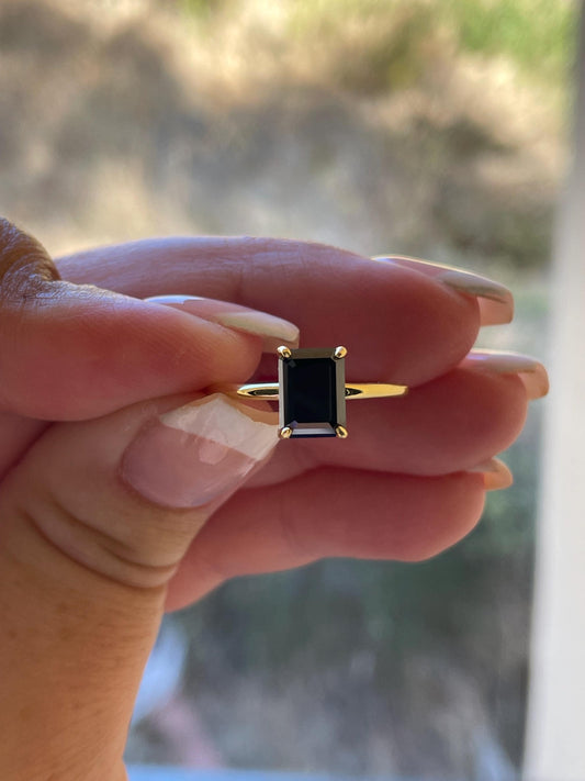 Black moissanite engagement ring, yellow gold vermeil , silver 925 emerald cut ring with black moissanite, black stone ring