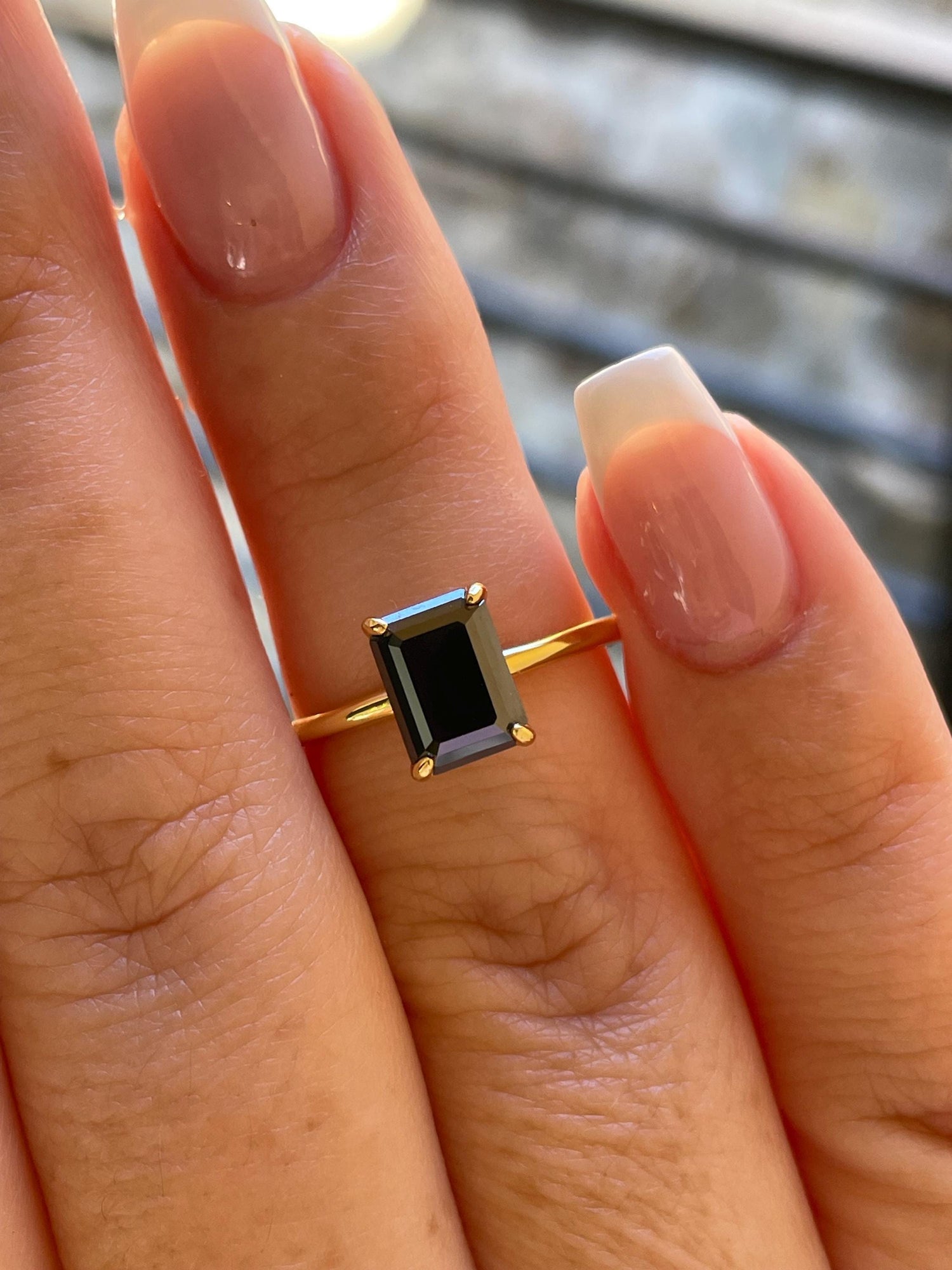 Black moissanite engagement ring, yellow gold vermeil , silver 925 emerald cut ring with black moissanite, black stone ring