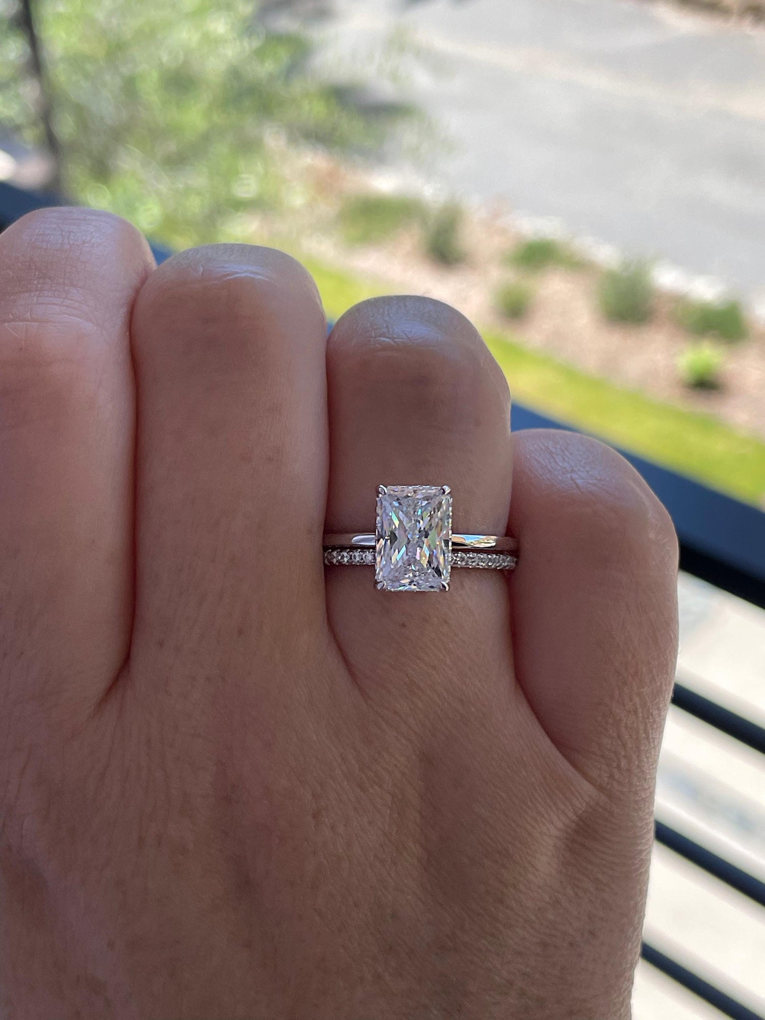 Sterling Silver 925 , gold vermeil Bridal Set with 3 carat Radiant Cut CZ engagement ring with hidden halo and full eternity band