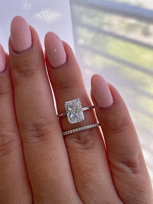 Sterling Silver 925 , gold vermeil Bridal Set with 3 carat Radiant Cut CZ engagement ring with hidden halo and full eternity band